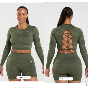 Gymshark Adapt Green Camo Seamless Lace Up Back Top Small Women